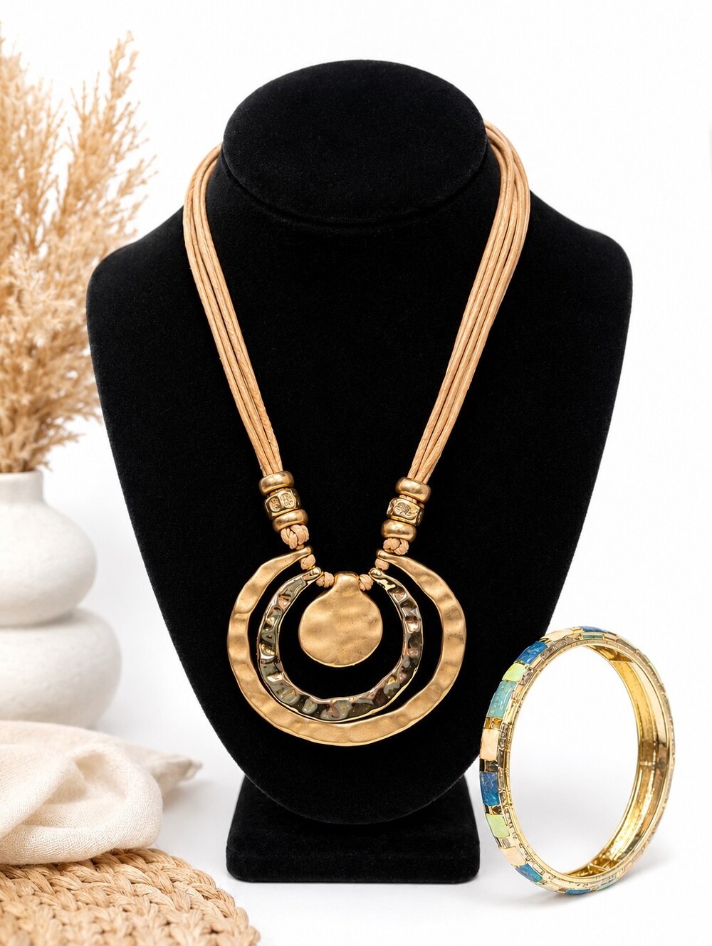 NWT St. Thomas Gold Tone Statement Necklace & Colorful Bangle Bracelet Set